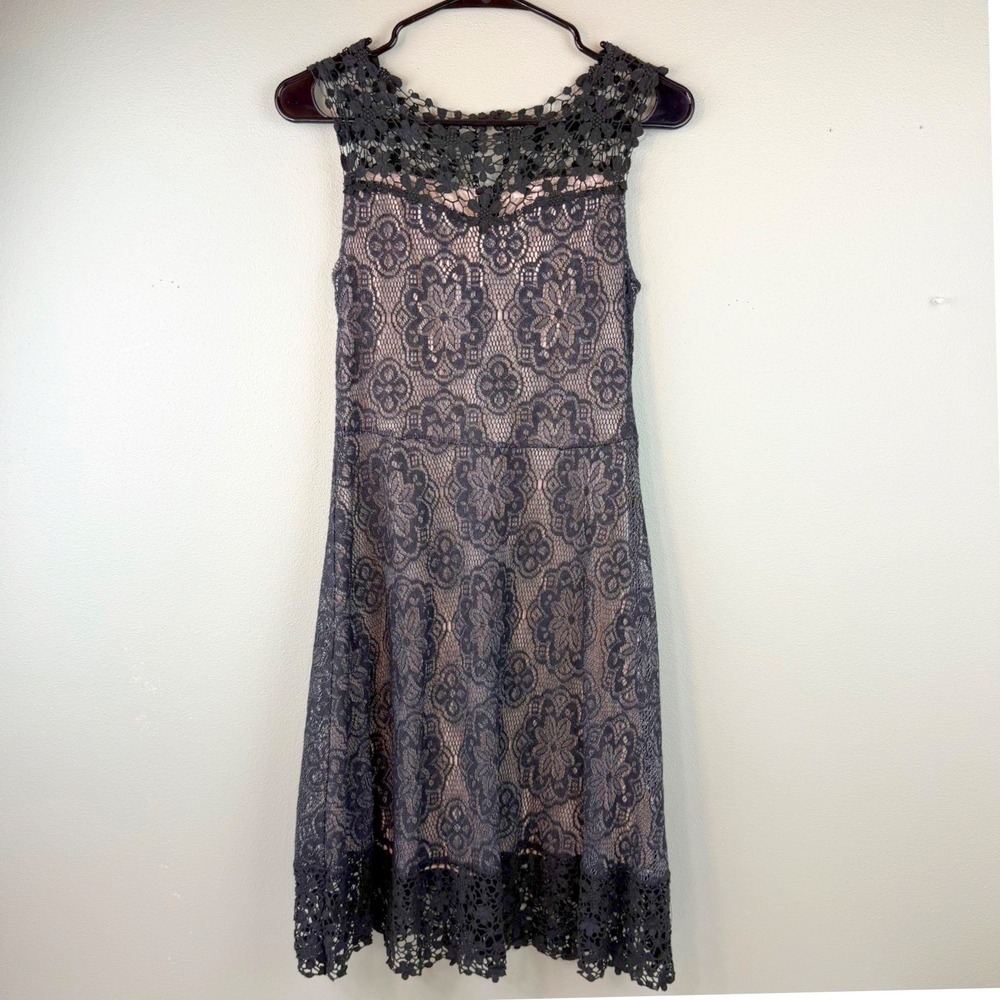 Mystree Black Floral Lace Sleeveless Dress Whimsigoth Witchy Crochet Neck SM